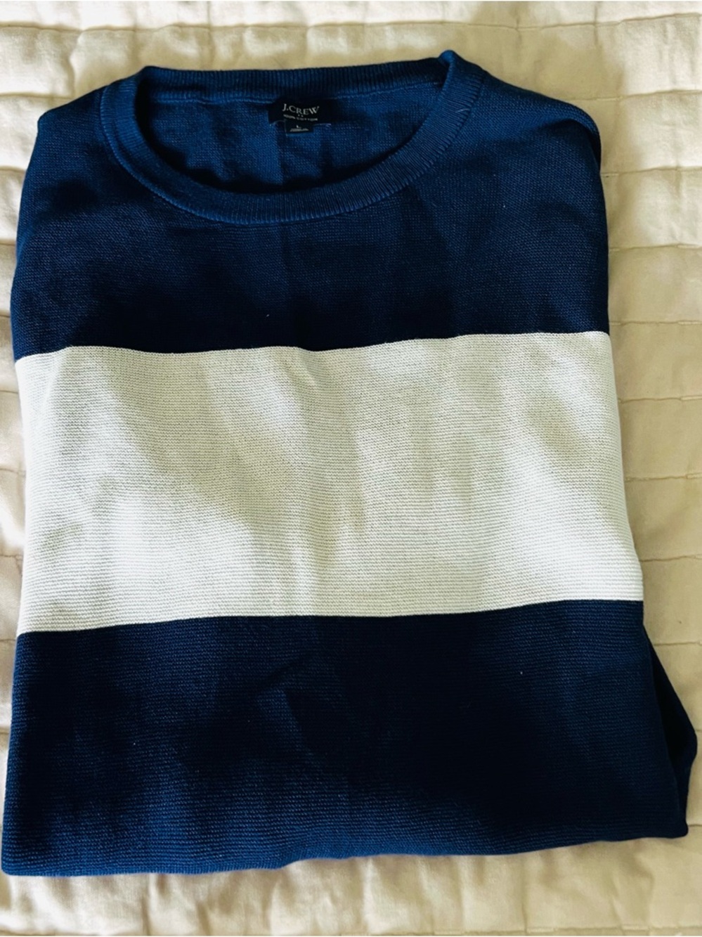 J. Crew Navy Crewneck Sweater with White Chest Stripe 100% Cotton  L Fisherman